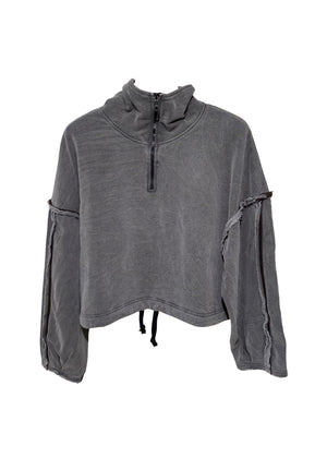Gray hoodie with a quarter zip on a white background
