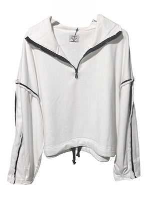 White hoodie with black accents on a white background