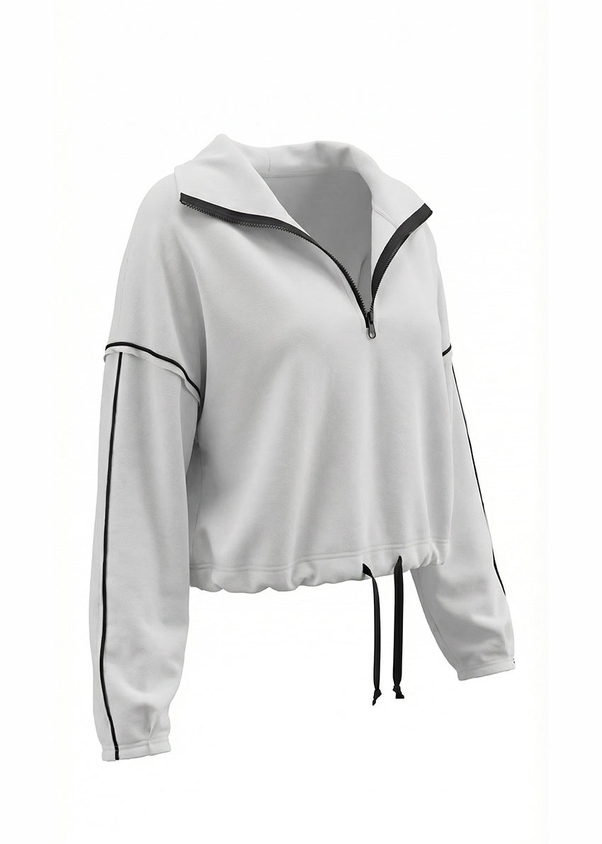 White hoodie with black accents on a white background