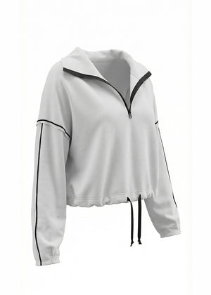 White hoodie with black accents on a white background