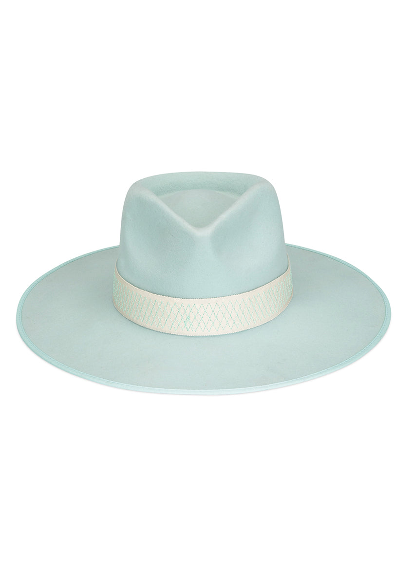 Light blue fedora hat with a white band on a white background