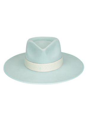 Light blue fedora hat with a white band on a white background