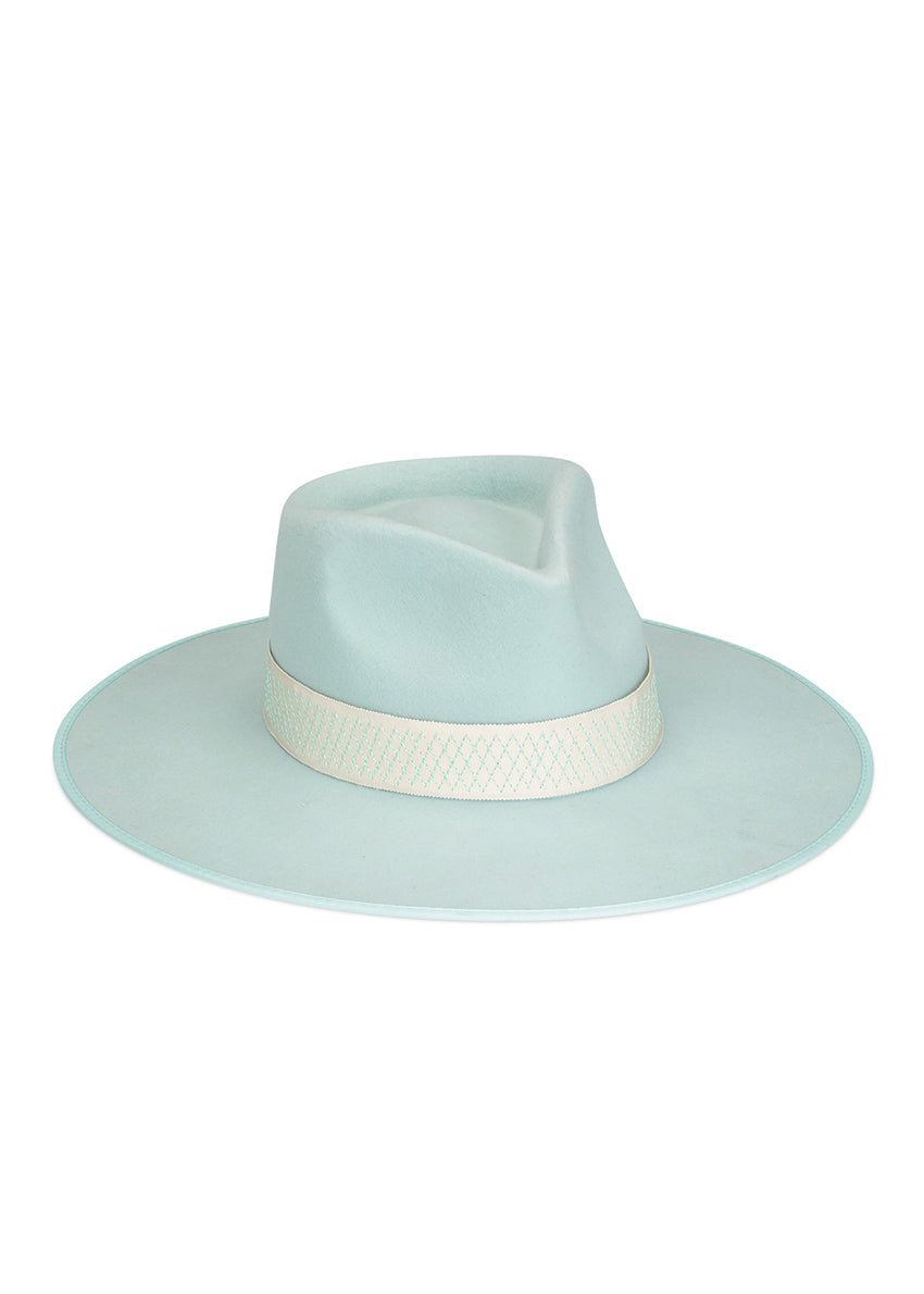 Light blue fedora hat with a white band on a white background