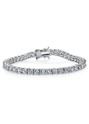 A tennis bracelet style arrangement featuring moissanite stones set in rhodium-plated sterling silver.