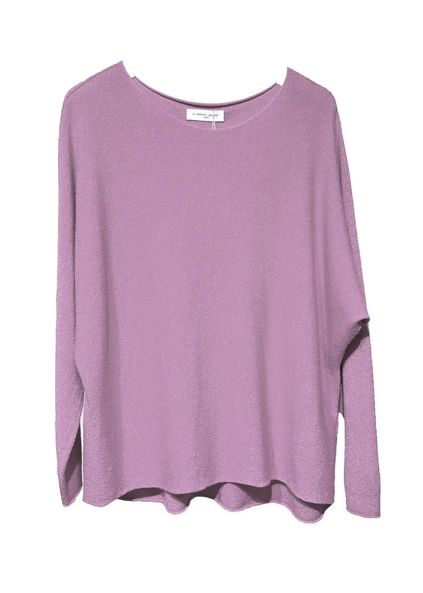 A purple, loosely knit sweater with a boat neckline, displayed on a white background.
