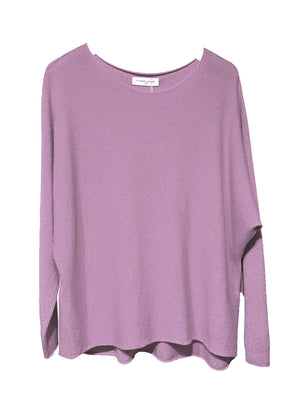 A purple, loosely knit sweater with a boat neckline, displayed on a white background.