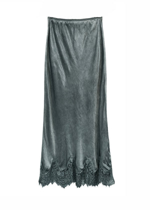 Dark olive green satin skirt with lace hem on a white background