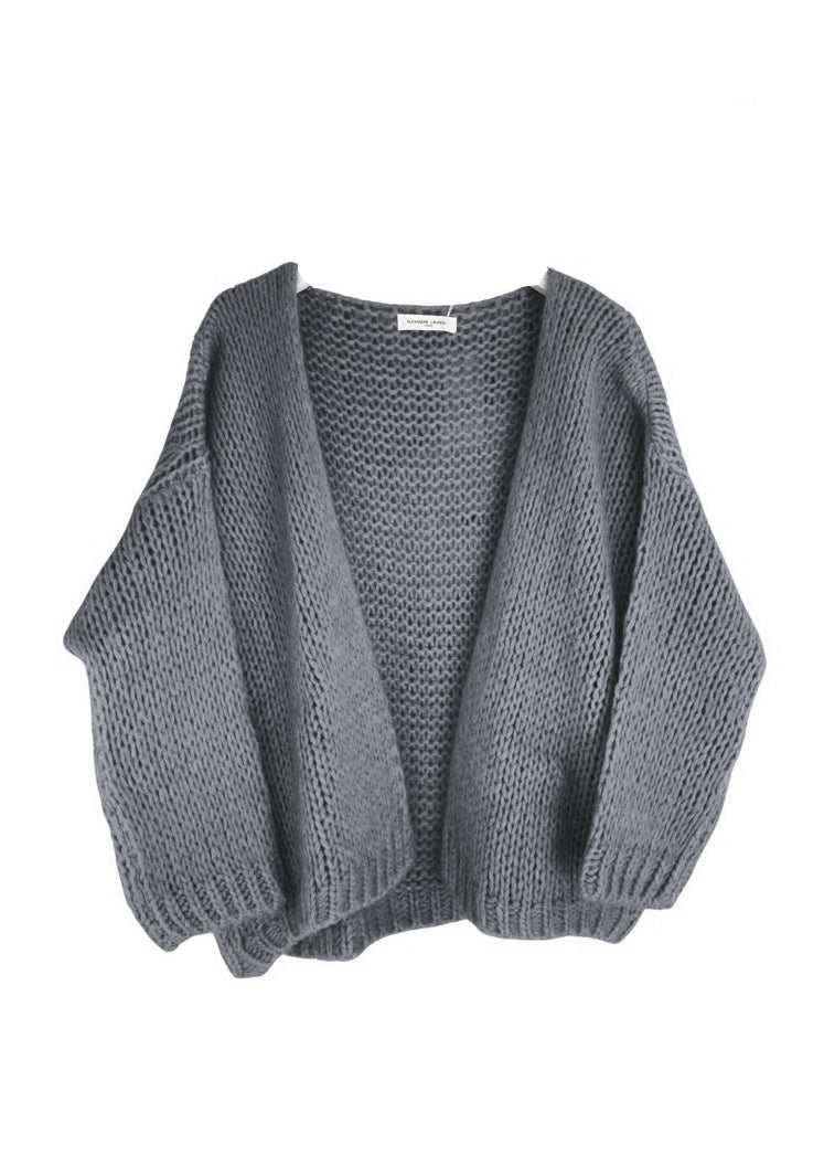 A gray knit cardigan with a V-neckline and a front-back design, displayed on a white background.
