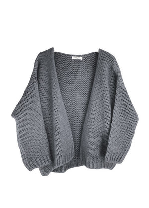 A gray knit cardigan with a V-neckline and a front-back design, displayed on a white background.