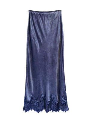 Navy blue satin slip skirt with lace hem on a white background