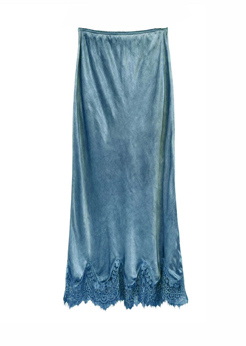 Blue satin slip with lace hem on a white background