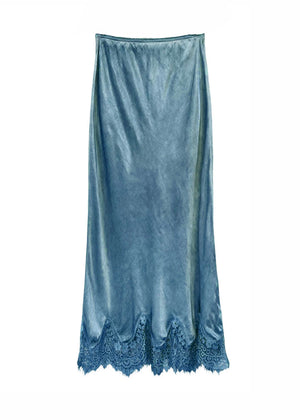 Blue satin slip with lace hem on a white background