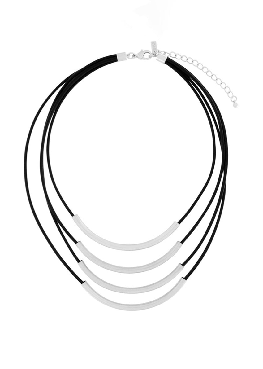 A multi-string leather necklace with gold and silver plating, featuring a brass foundation. The necklace has a combination of black and white leather strings and metal bars.