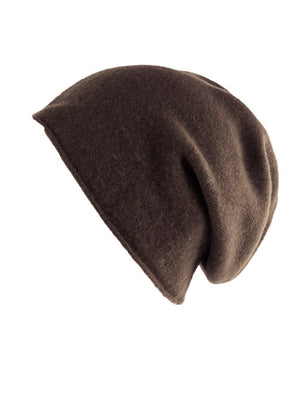 A dark brown wool beanie on a white background 