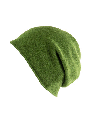 A forest green wool beanie on a white background 