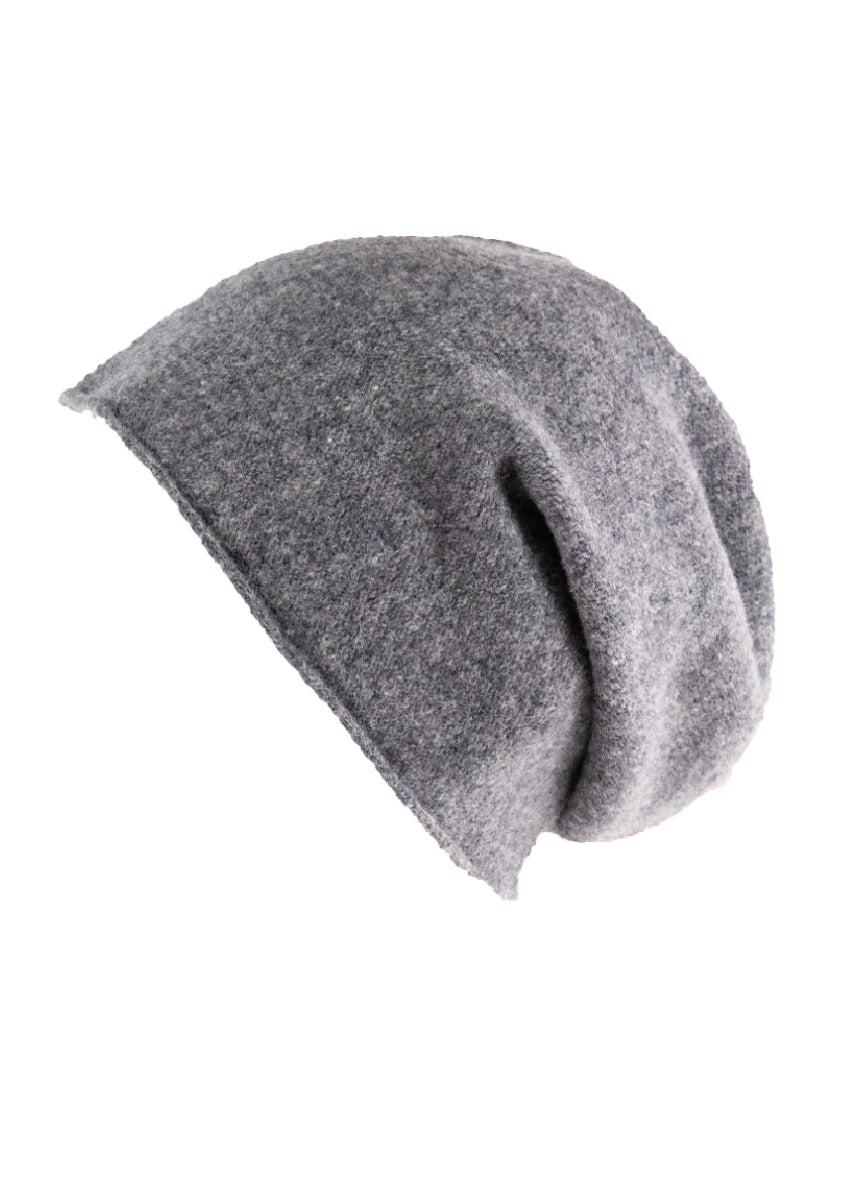 A grey wool beanie on a white background 