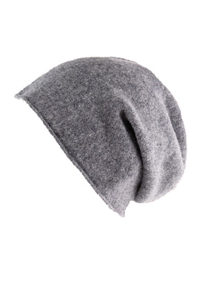 A grey wool beanie on a white background 