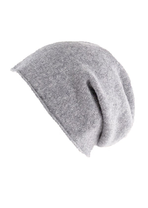 A grey wool beanie on a white background 
