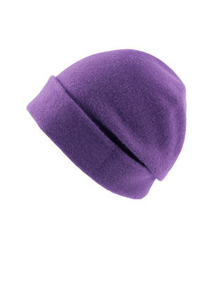 A medium purple wool beanie on a white background 