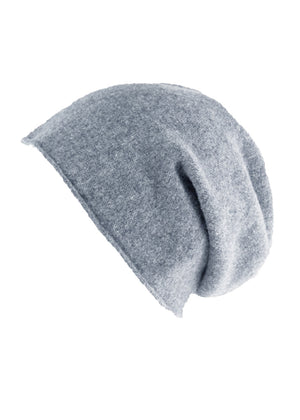 A steel blue wool beanie on a white background 