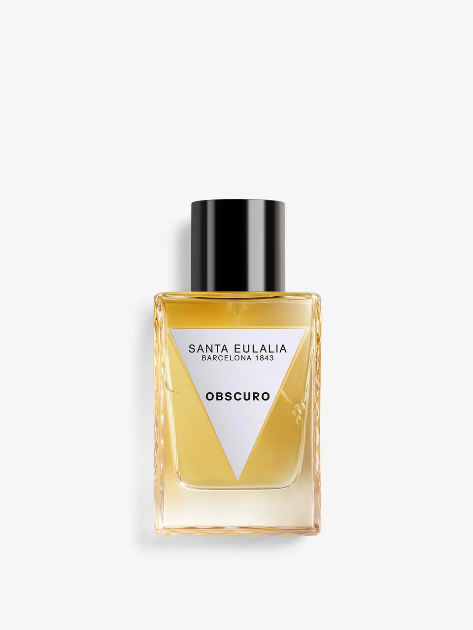 A bottle of Santa Eulalia Obscuro perfume with a clear label and a black cap, containing a woody spicy fragrance.