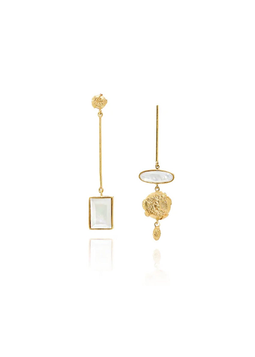 Pair of gold earrings with reflective stones on a white background