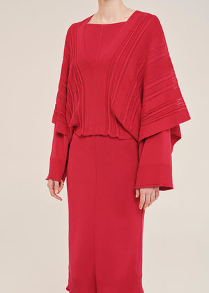 Red dress with a layered design on a beige background