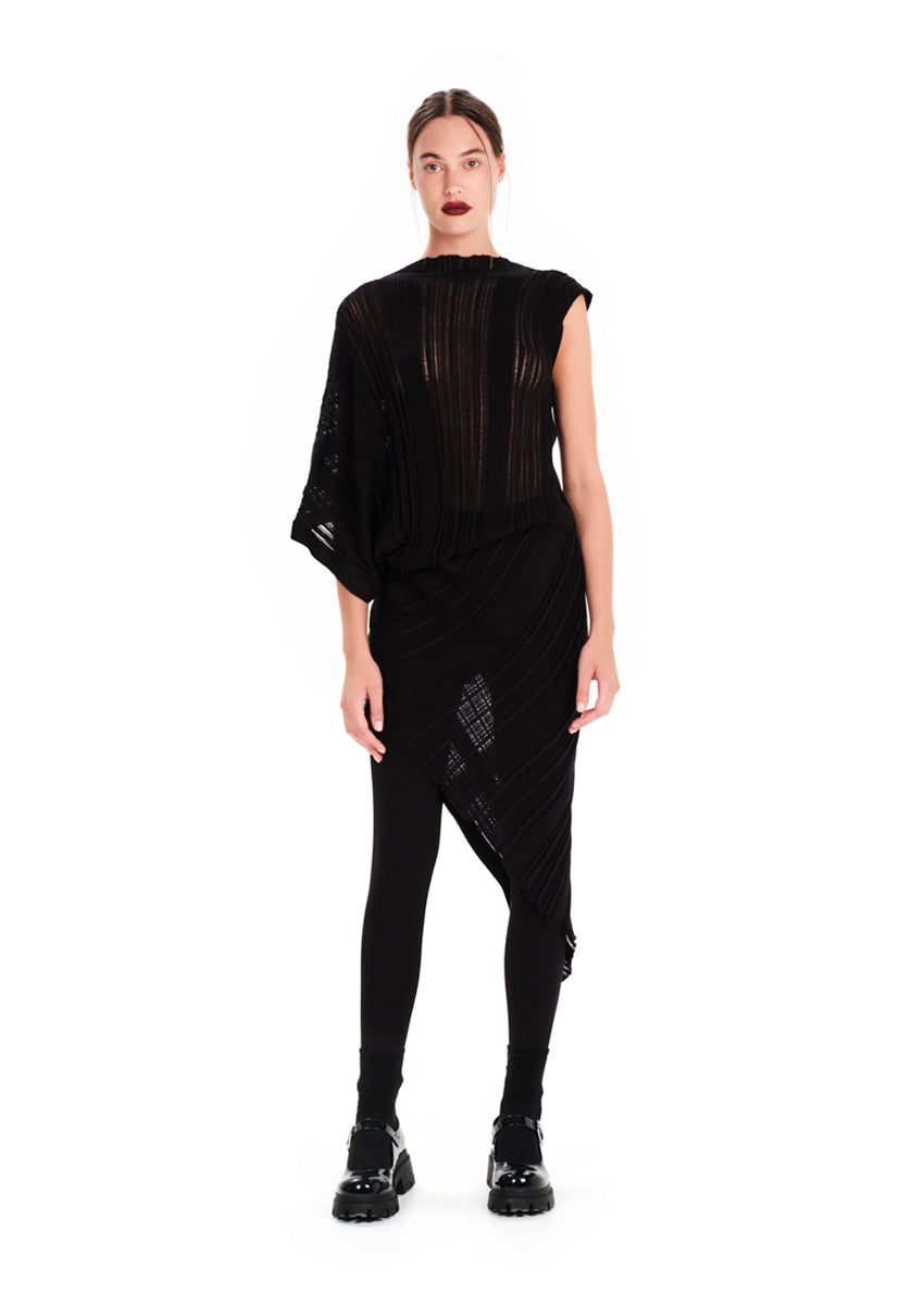 Knitted black midi dress in an asymmetrical shape with the “Archetypes” rib pattern and yarn made of 100% high quality Greek cotton. It is sleeveless on one side, while short sleeved on the other.