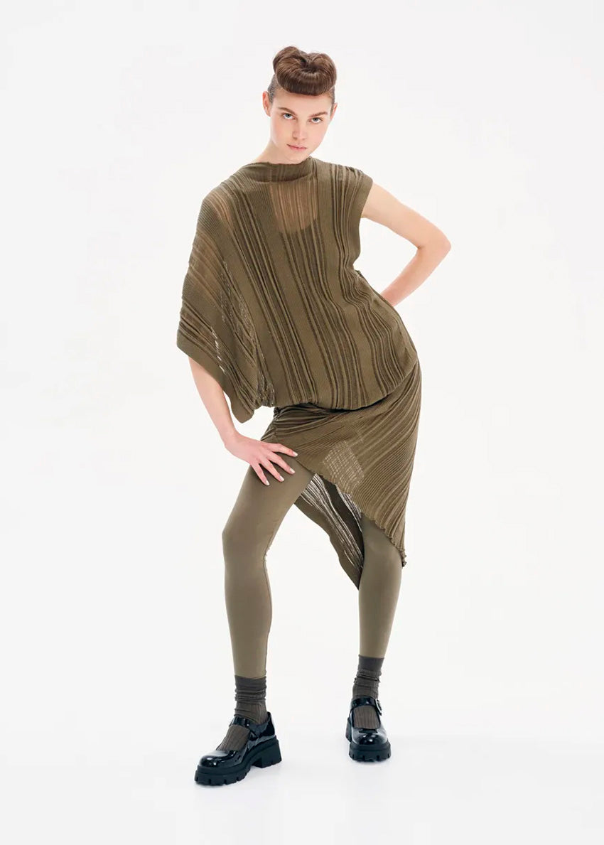 Knitted midi dress in an asymmetrical shape with the “Archetypes” rib pattern and yarn made of 100% high quality Greek cotton. It is sleeveless on one side, while short sleeved on the other.