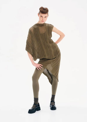 Knitted midi dress in an asymmetrical shape with the “Archetypes” rib pattern and yarn made of 100% high quality Greek cotton. It is sleeveless on one side, while short sleeved on the other.