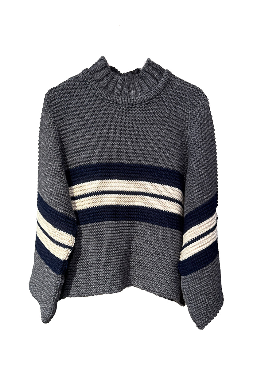 A long-sleeved Palma Sweater with a classic round neck, stripes, and bell sleeves in a mix of gray, navy, and beige colors.