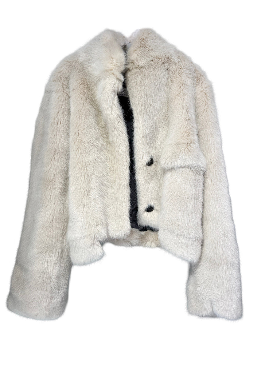 A beige fur coat with long sleeves and pockets on a white background 