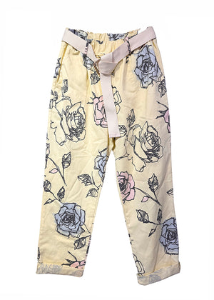 Floral-patterned pants on a white background