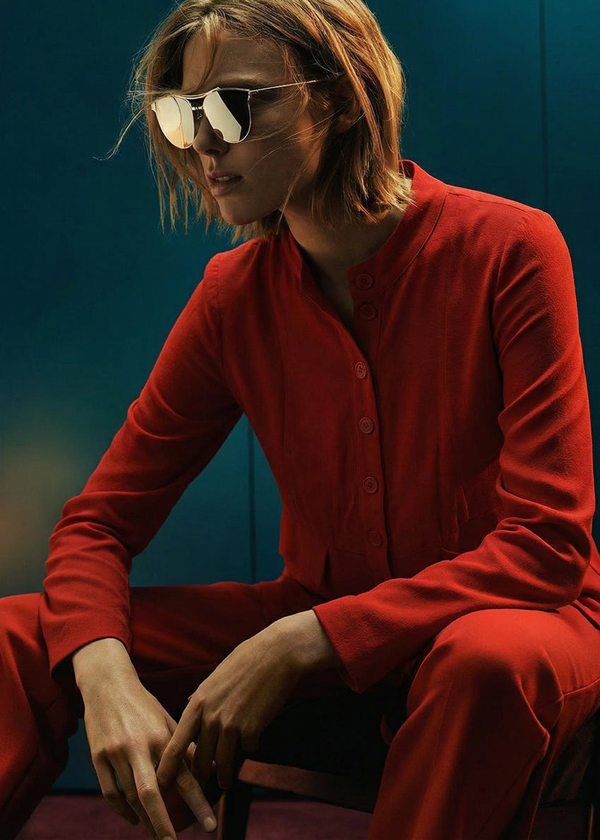 Person wearing a red outfit and sunglasses against a blue background