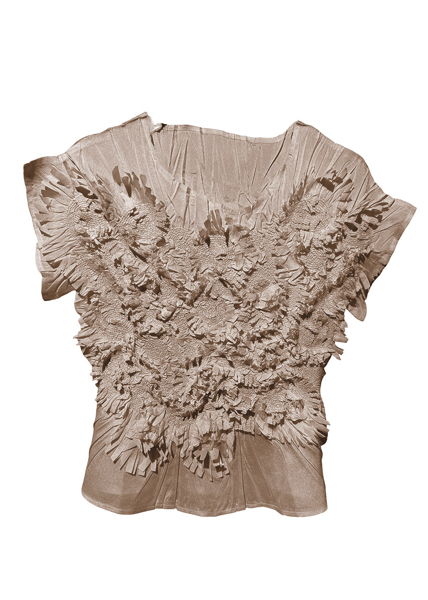 Beige top with floral lace details on a white background