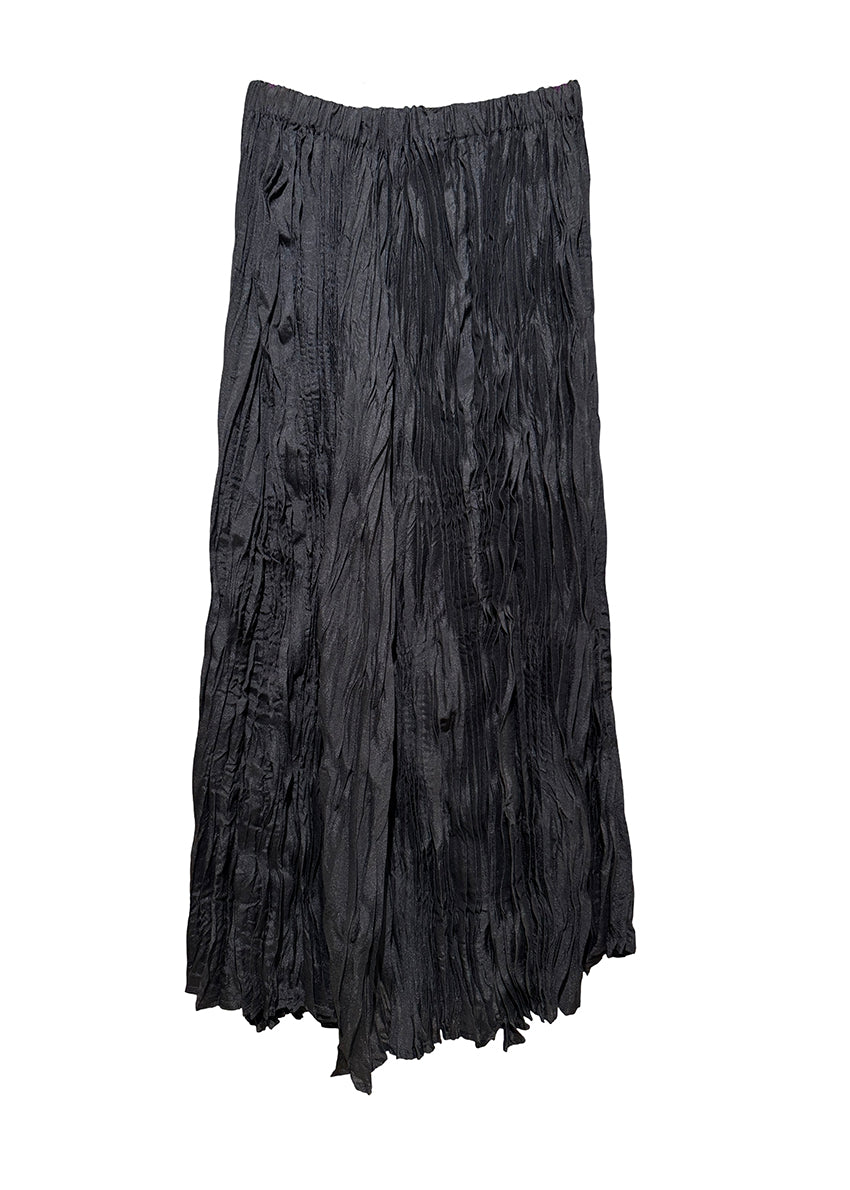 Long black crinkle skirt with an elasticized waistband and pleated texture.