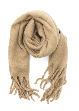 Envelop yourself in a cocoon of comfort with this exquisite beige scarf. Its luxuriously soft texture provides a comforting touch. Enhancing the design, the scarf features medium-sized fringes create a subtle movement