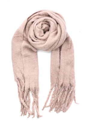 Envelop yourself in a cocoon of comfort with this exquisite pink scarf. Its luxuriously soft texture provides a comforting touch. Enhancing the design, the scarf features medium-sized fringes create a subtle movement