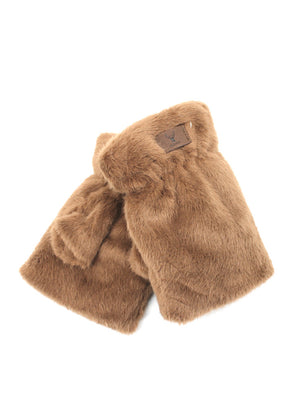 Brown faux fur scarf with a brand tag on a white background