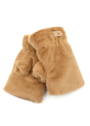 Brown faux fur product with a brand label on a white background