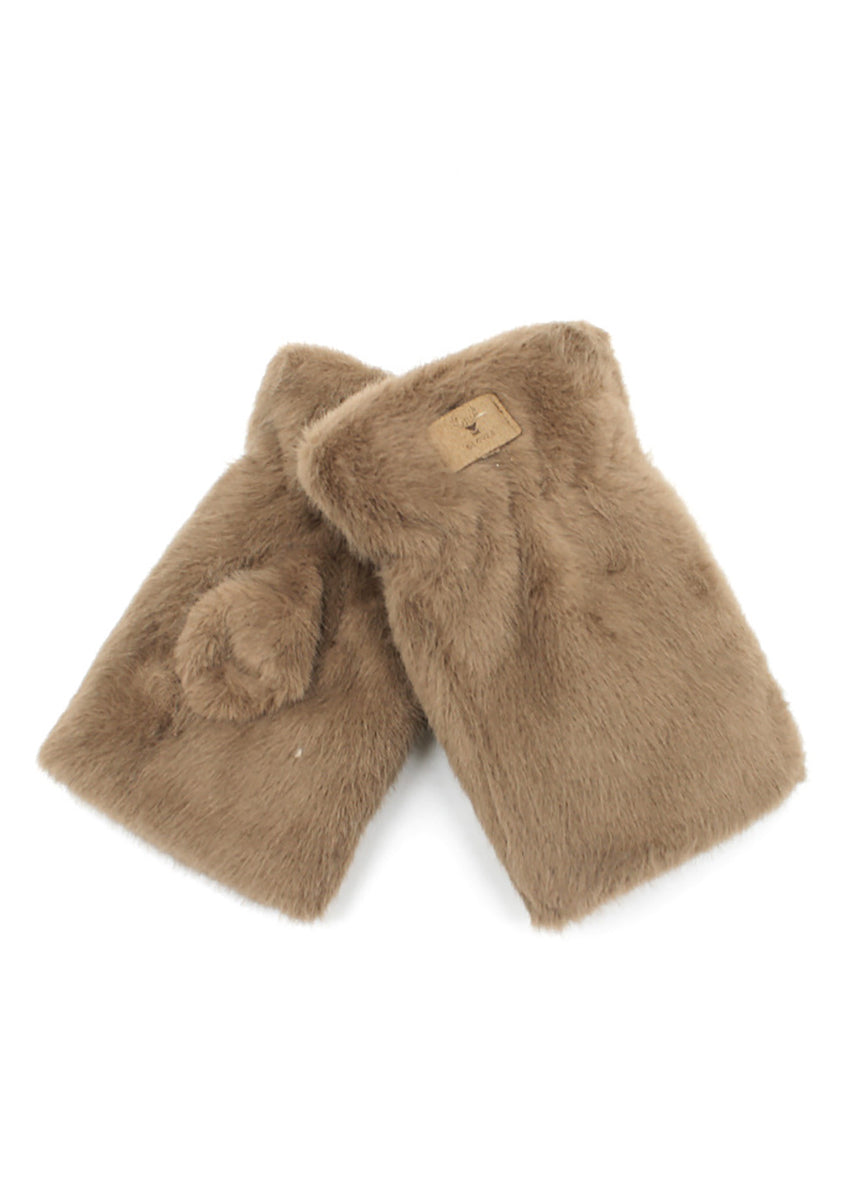 Pair of brown faux fur mittens on a white background