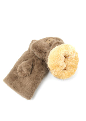 Brown faux fur scarf with a beige pom-pom on a white background