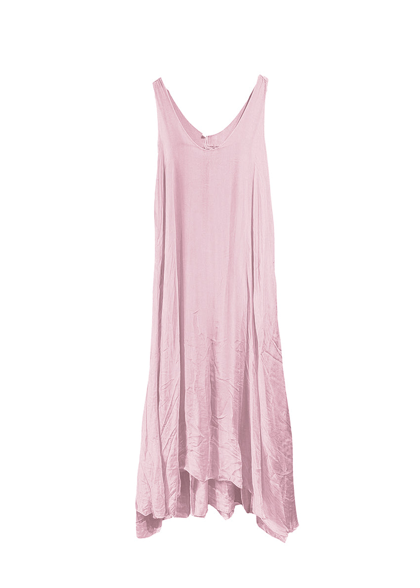 Long and lejere pink dress, with 2 layers, made of silk and viscose, features a deep V neckline both for front and back and fabric waves on the lower part. Amazing piece for this summer!