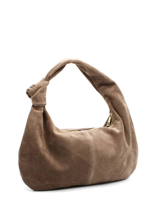 This is a stylish and contemporary hobo taupe bag crafted from soft suede leather . Its slouchy, relaxed silhouette makes it an effortless choice for casual outings, while the luxurious suede adds a touch of sophistication. The bag features a single, wide handle with a chic knot detail, allowing it to sit comfortably on your shoulder.