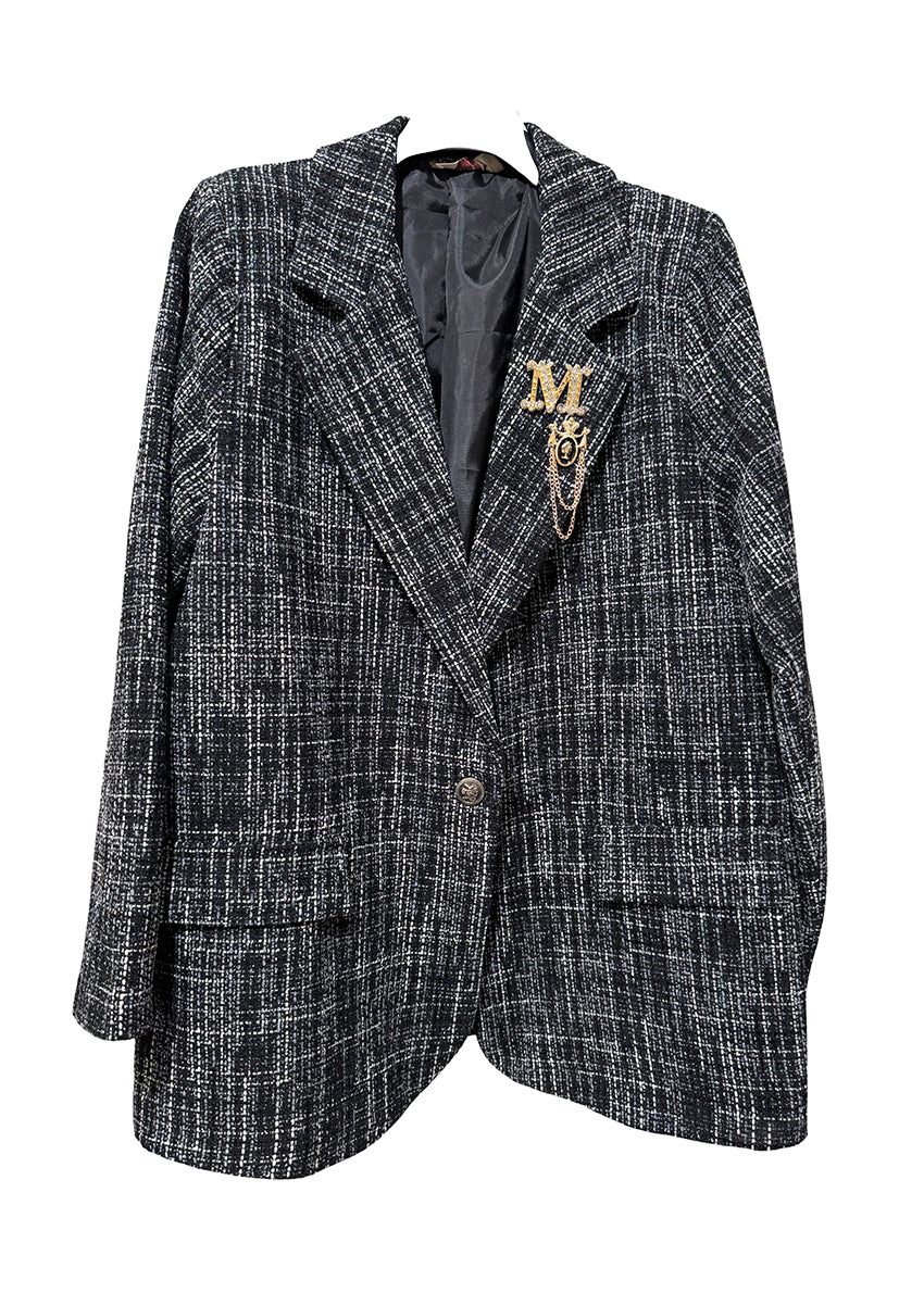 Gray checkered blazer with a logo on a white background