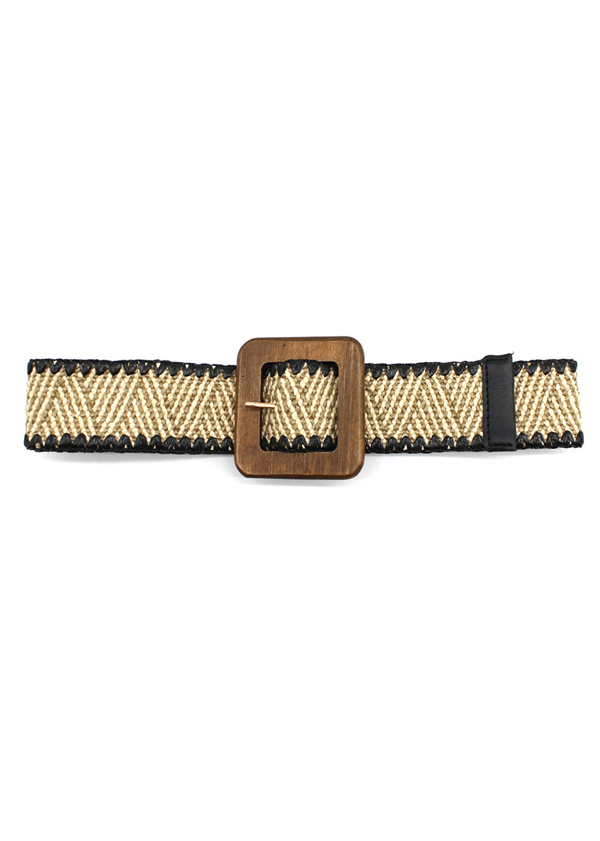 Woven belt with a wooden buckle on a white background