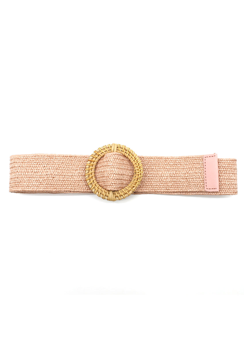 A beige raffia belt with a rounded buckle, displayed against a white background.