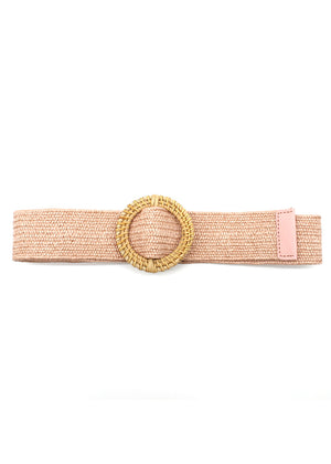 A beige raffia belt with a rounded buckle, displayed against a white background.
