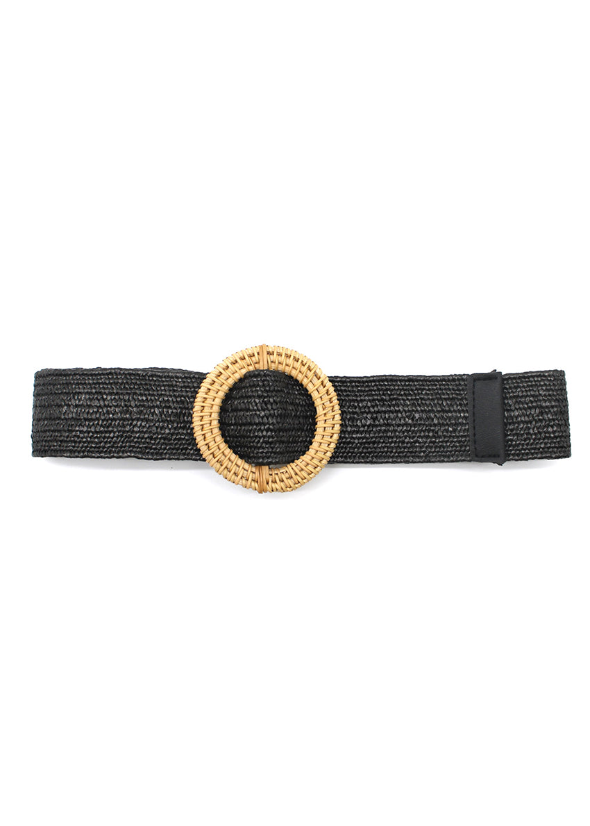 A black raffia belt with a rounded buckle, displayed against a white background.