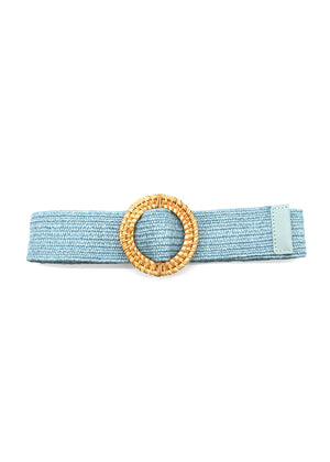 A blue raffia belt with a rounded buckle, displayed against a white background.